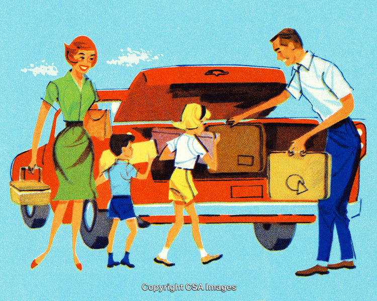 Family Loading a Car for a Vacation Trip Under Blue Sky