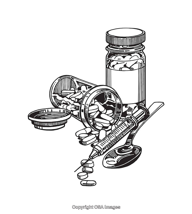 Black and White Line Art of Medical Pills, Bottles, and Syringe