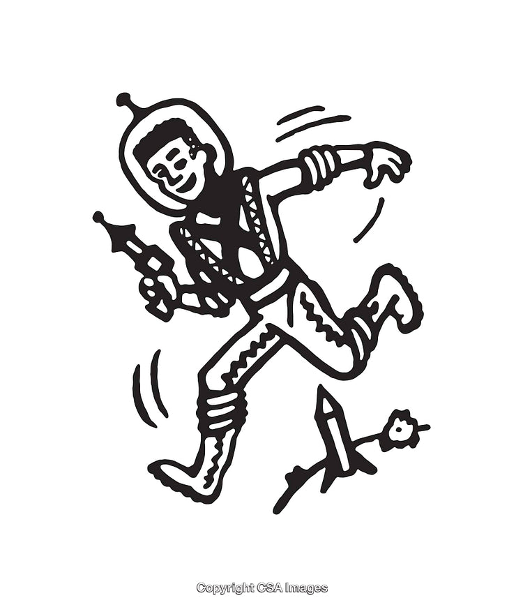Vintage Black and White Line Art of Astronaut with Ray Gun