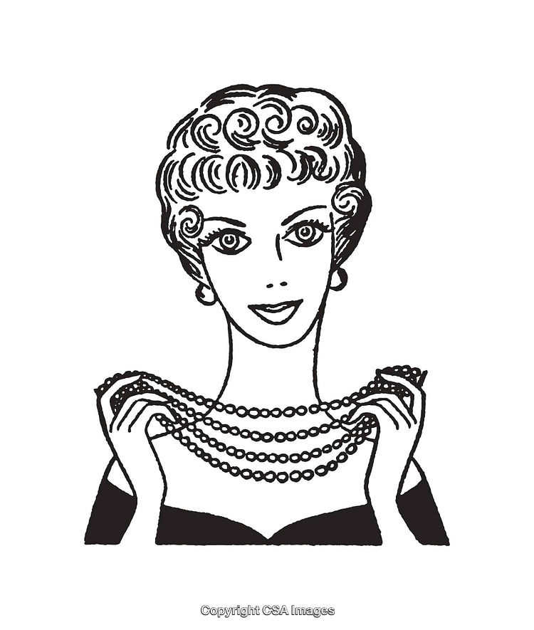 Elegant Vintage Line Art Woman Holding Pearl Necklaces in Black and White