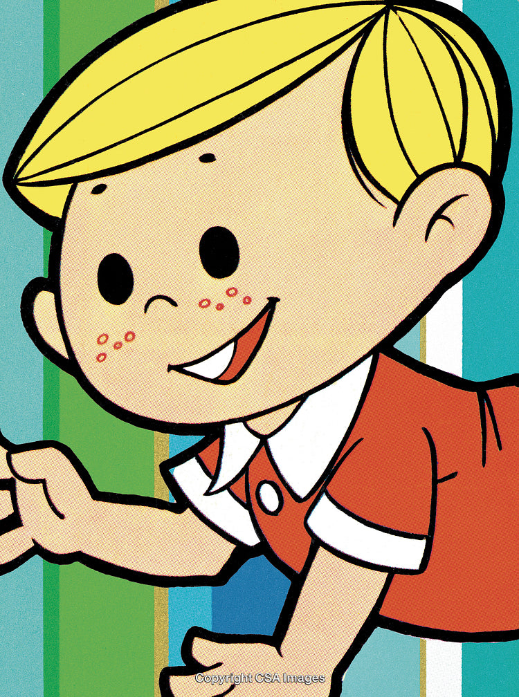 Cartoon Character With Blond Hair and Red Sweater on Striped Background