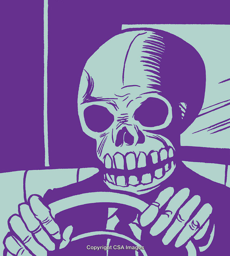 Pop Art Skeleton Driving a Car in Purple and Blue Tones