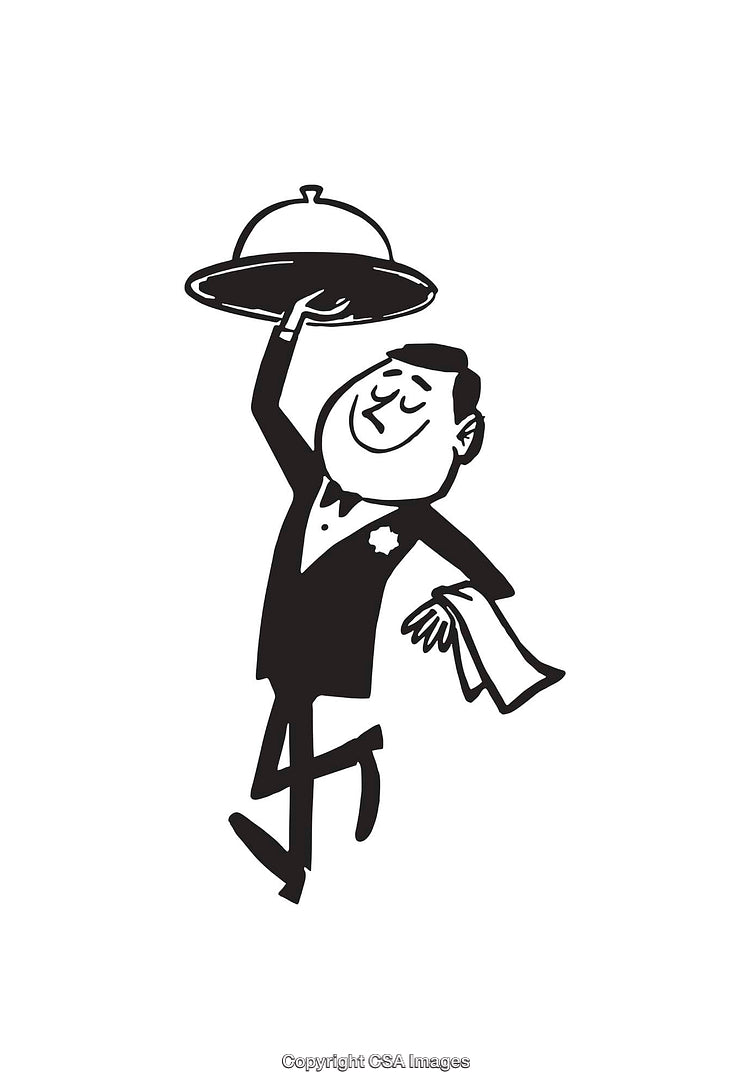 Black and White Illustration of a Joyful Cartoon Waiter with Tray