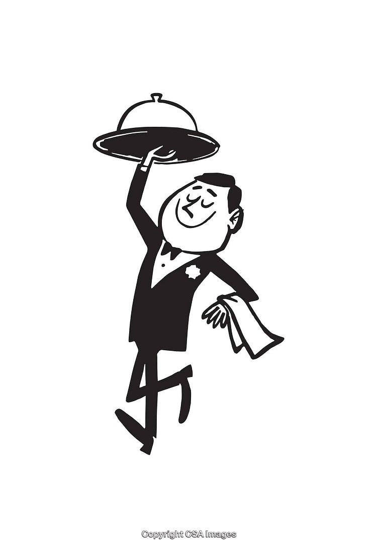 Black and White Illustration of a Joyful Cartoon Waiter with Tray