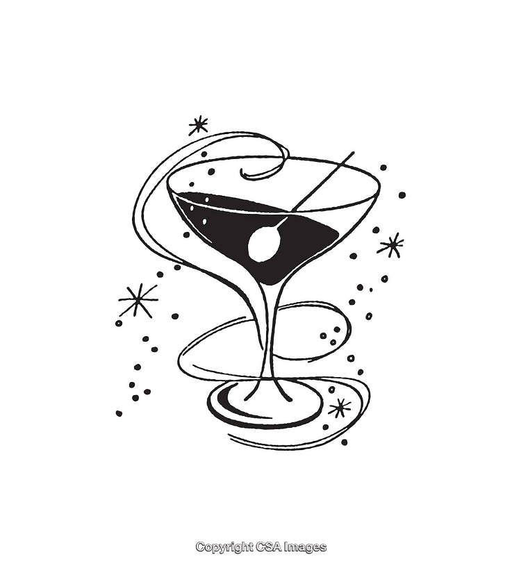 Elegant Martini Glass Line Art with Olive and Sparkle Details