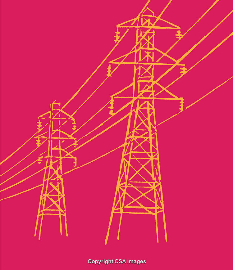 Two High Voltage Power Lines Against a Vibrant Pink Background