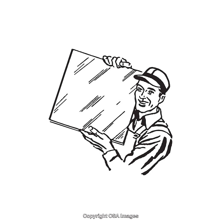 Black and White Line Art of a Worker Holding a Large Glass Panel