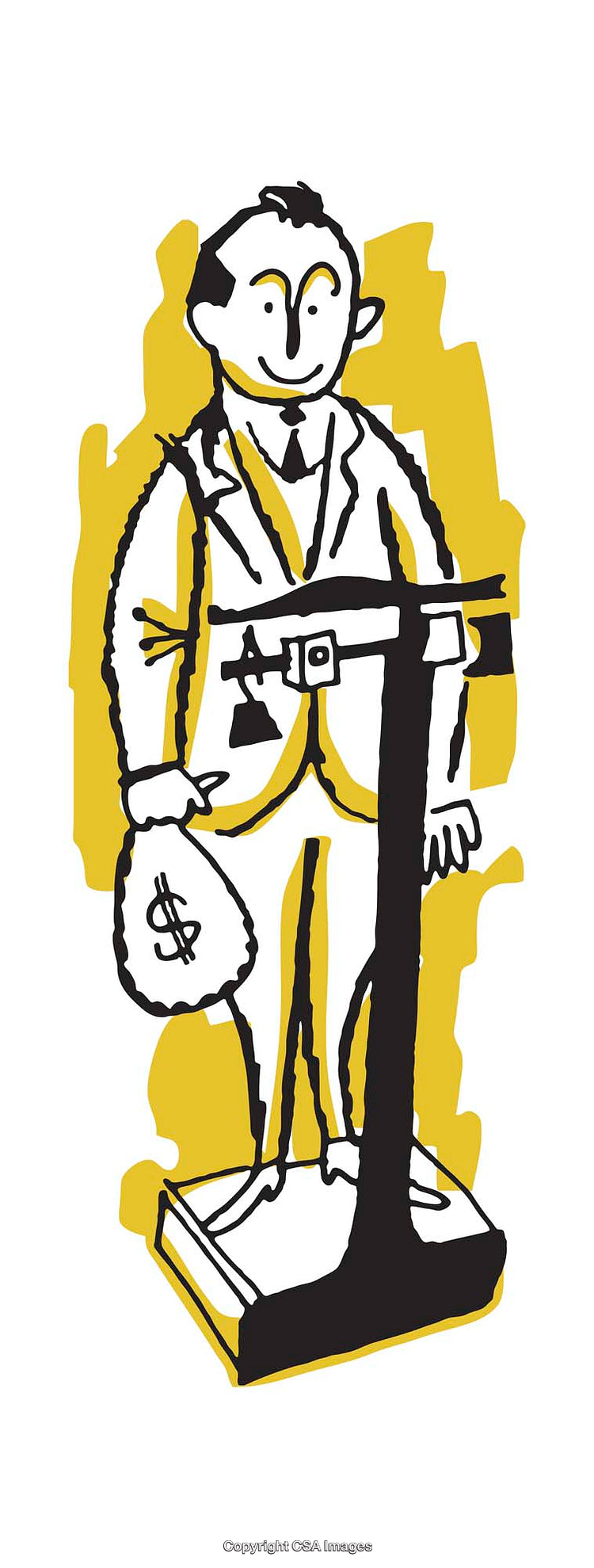 Colorful Illustration of a Businessman Balancing Wealth Scale and Money Bag