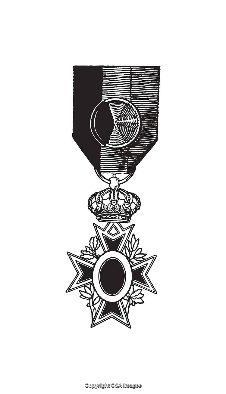 Monochrome Line Art of a Medal With Cross and Crown Design
