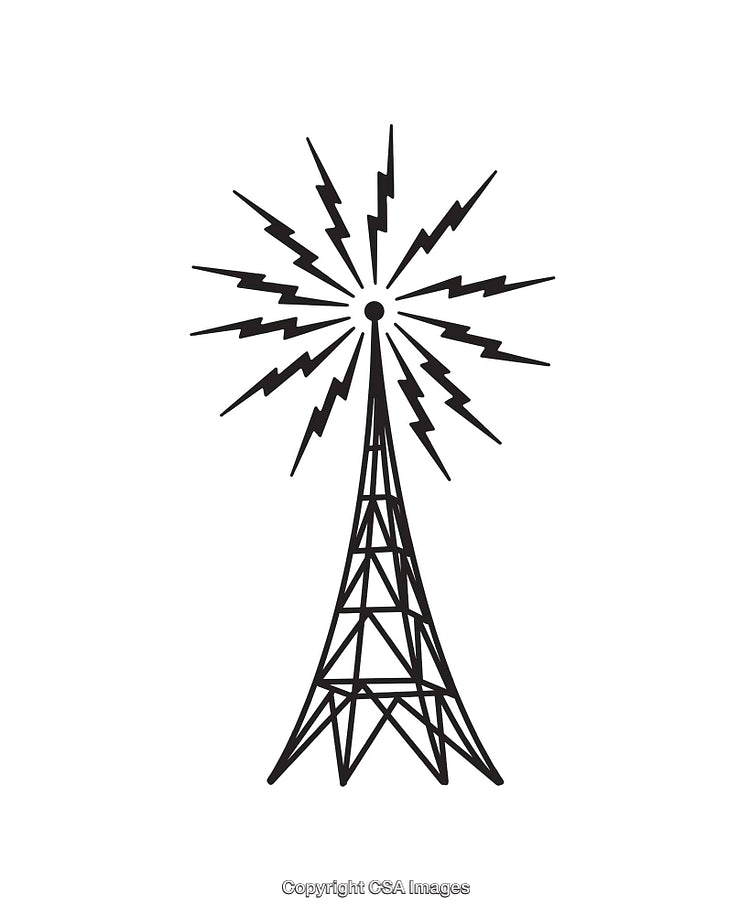 Black and White Line Art of Radio Tower with Signal Waves