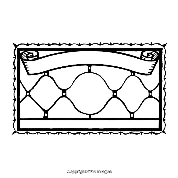 Vintage Black and White Border Illustration with Scroll and Geometric Patterns