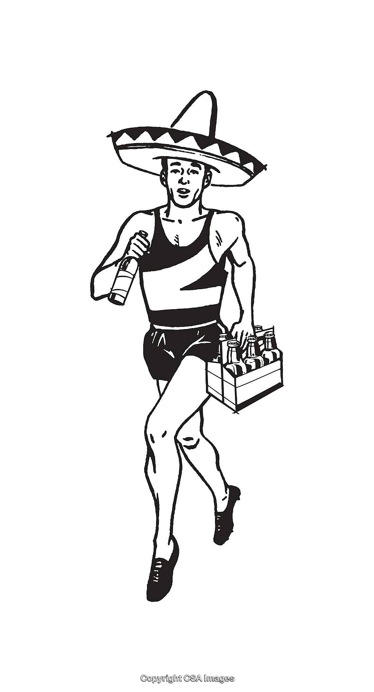 Black and White Illustration of a Man Running With Beer Bottles