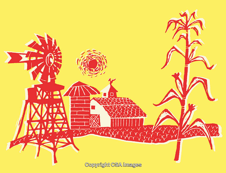 Rustic Farm Scene Art Featuring Barn, Windmill, and Cornstalk