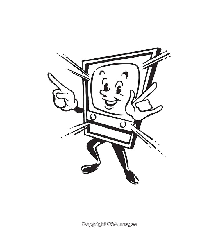 Cheerful Cartoon Television Character in Black and White Line Art Illustration