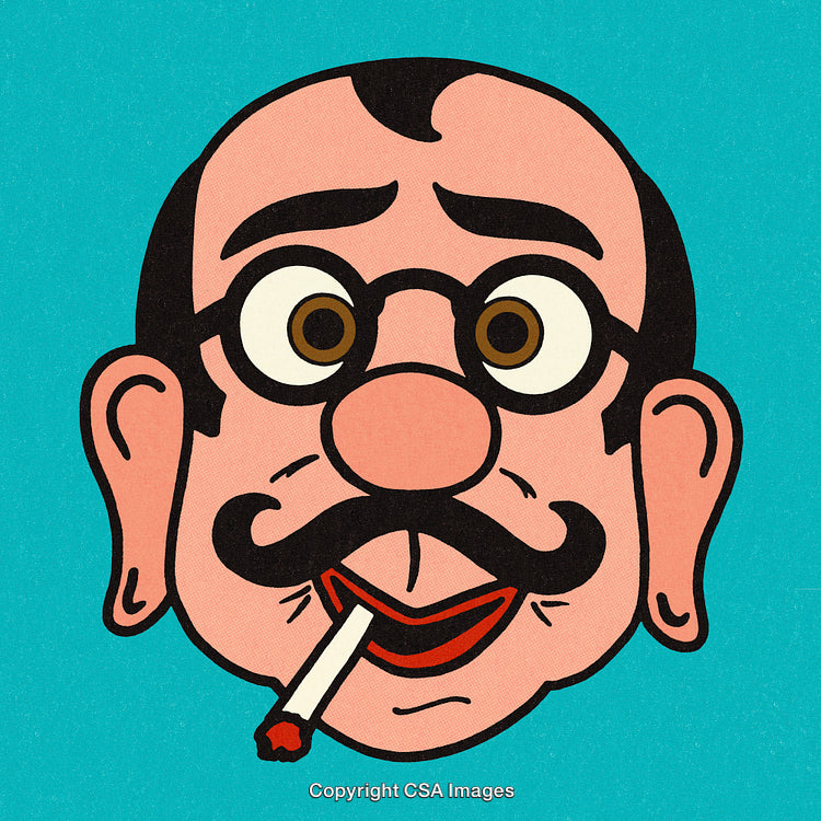 Colorful Cartoon Illustration of Character With Glasses and Mustache on Blue Background