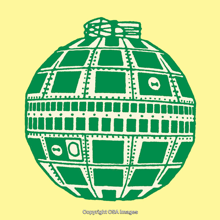 Illustrated Green Ornament with Digital Design on Yellow Background
