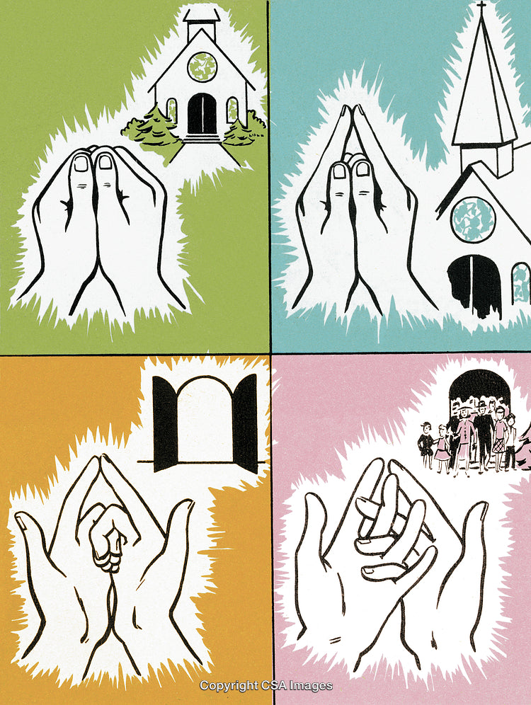 Illustrated Symbolic Hands Depicting Faith and Community with Church Visuals