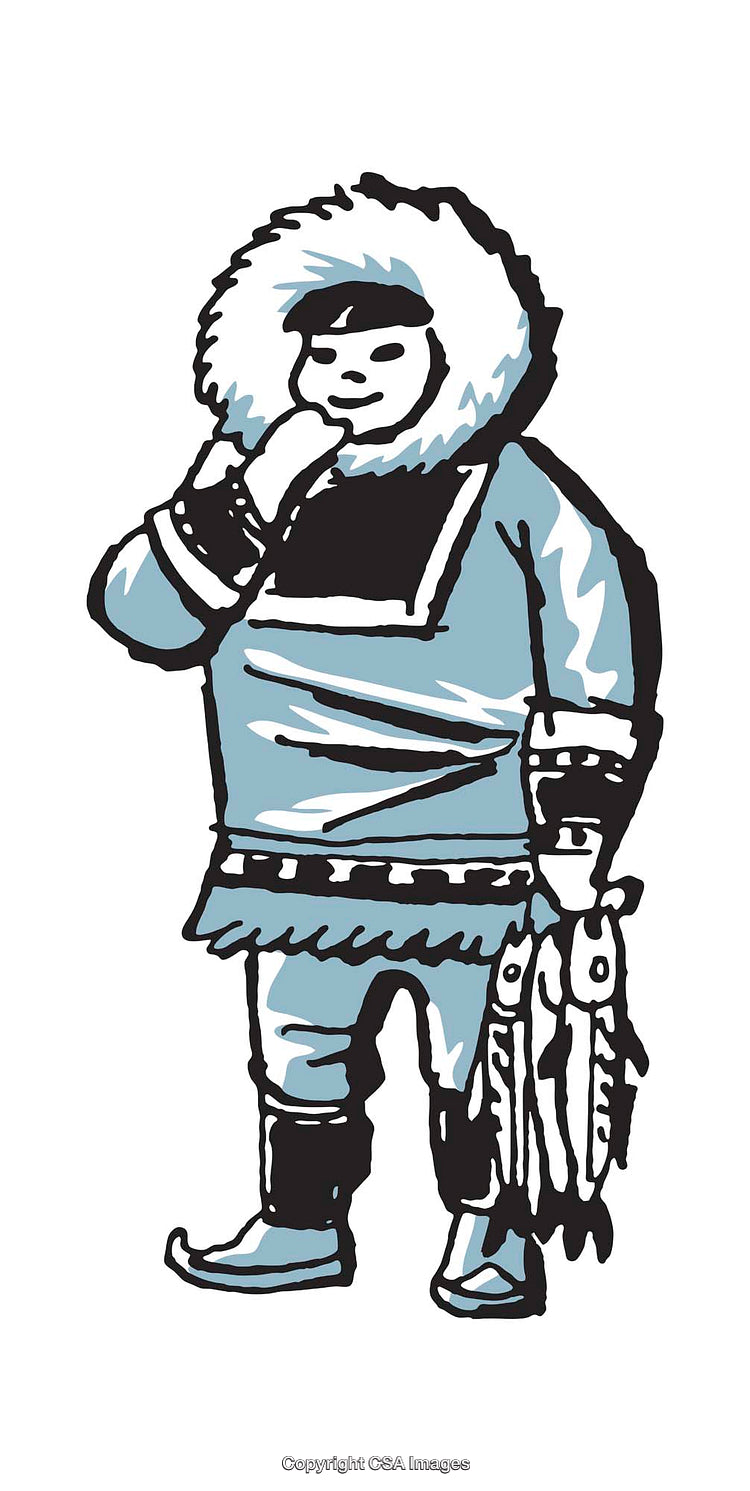 Illustration of a Person in Traditional Arctic Clothing Holding Fish