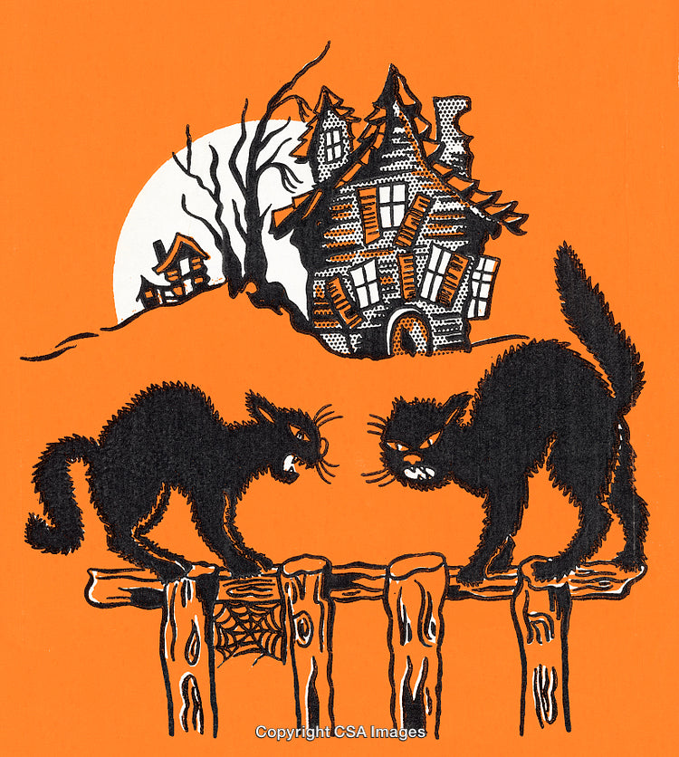 Halloween Scene with Black Cats and Haunted House Under Moonlight