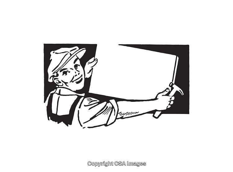 Vintage Black-and-White Worker Illustration Displaying a Blank Sign