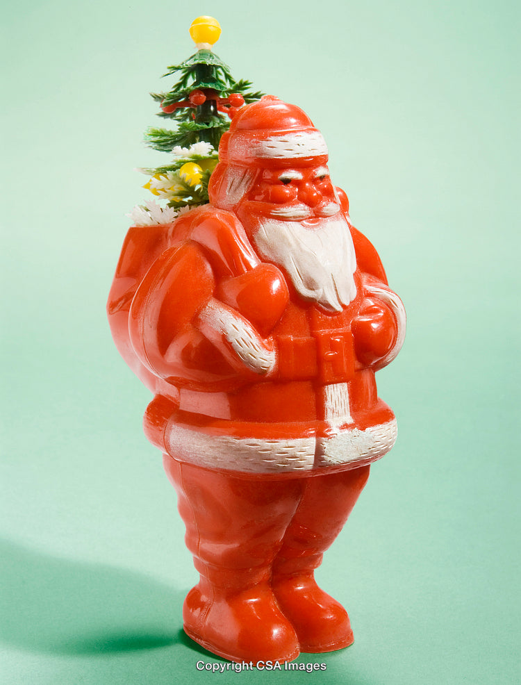 Vintage Plastic Santa Figurine with Festive Christmas Tree Detail