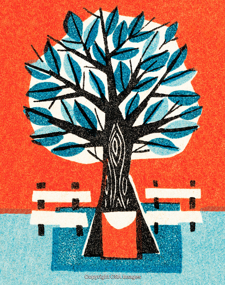 Abstract Illustration of Tree amid Benches on Graphic Background