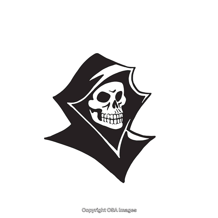 Stylized Black and White Illustration of a Hooded Skull