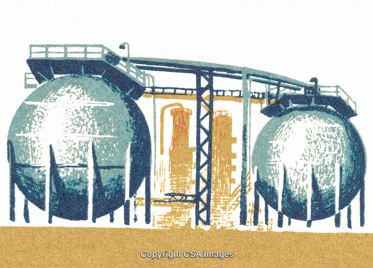 Industrial Facility Illustration Featuring Gas Storage Spheres and Structures