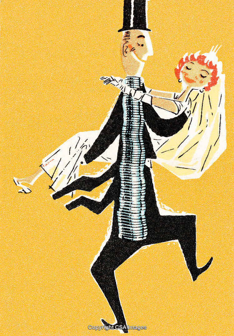 Joyful Wedding Couple Celebrating Their Marriage in Retro Illustration Style