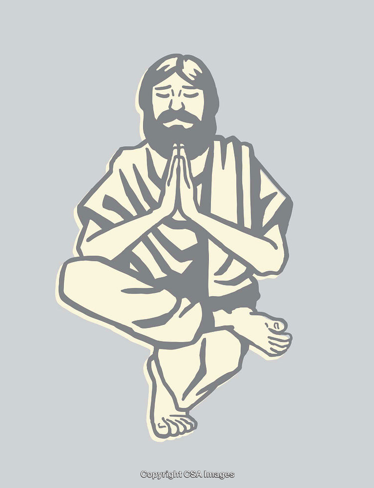 Meditative Figure in Prayer Pose Line Art Illustration on Gray Background