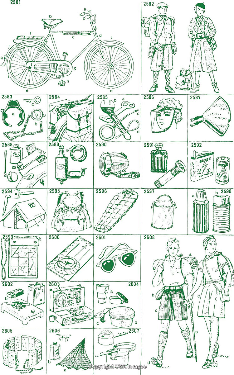 Vintage Illustrated Camping Gear and Essentials Guide with Outdoor Equipment