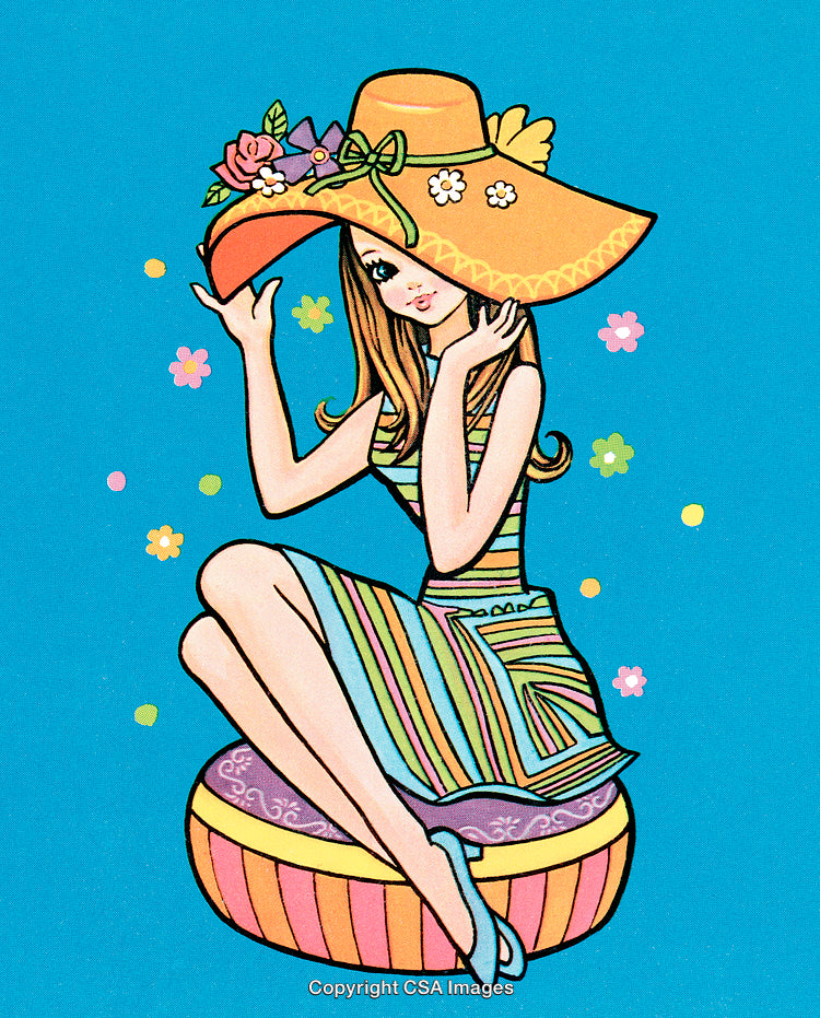 Beautiful Illustration of a Woman in a Striped Dress and Wide-Brimmed Hat