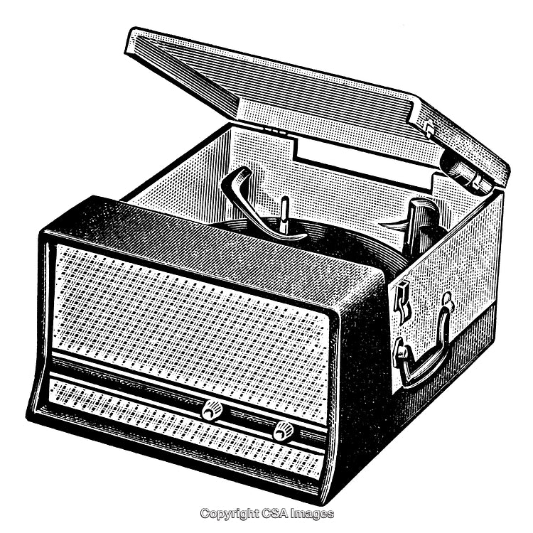 Vintage Black and White Illustration of a Record Player Turntable Box