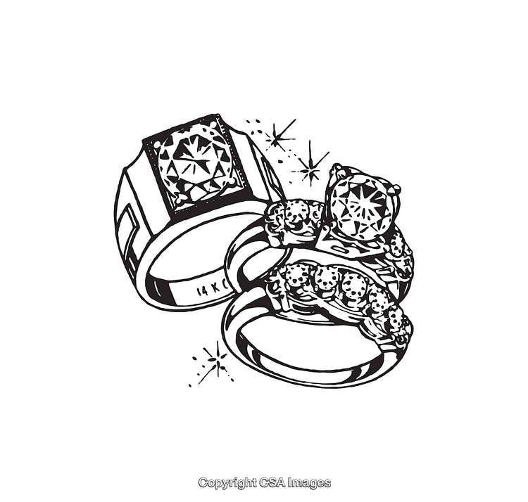 Black and White Line Art Illustrations of Elegant Diamond Rings