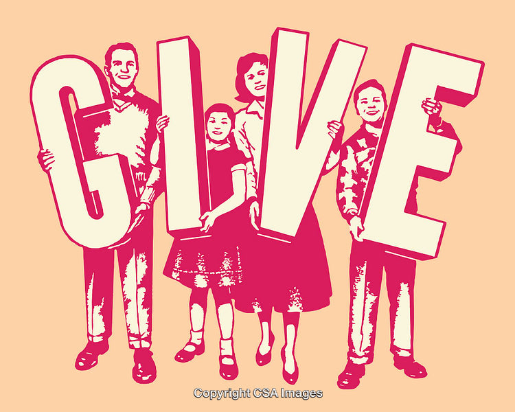 Retro Family Illustration Highlighting Charitable Giving Message in Vintage Style