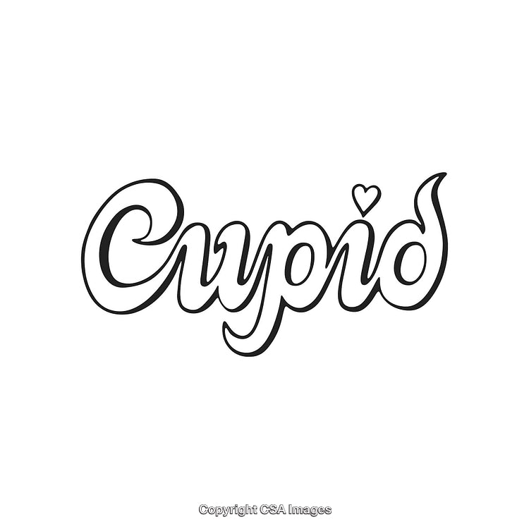 Decorative Cupid Calligraphy Text with Heart Design in Black and White