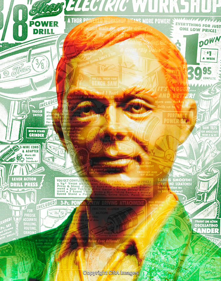 Vintage Advertisement Overlay With Serene Plastic Figurine Portrait