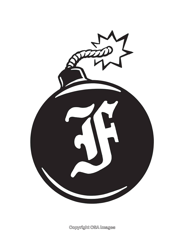 Black and White Line Art of a Cartoon Bomb With a Decorative Letter