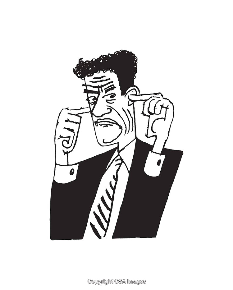 Black and White Illustration of a Man Covering His Ears in Frustration
