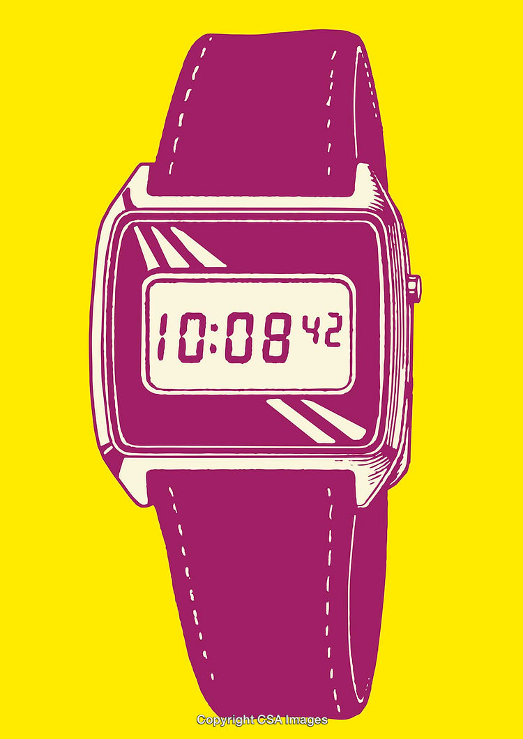 Vibrant Line Art of Digital Wristwatch Design on Yellow Background