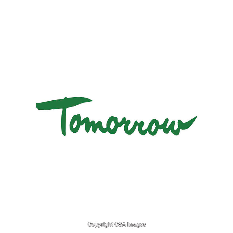 Green Handwritten Script of the Word 'Tomorrow' on a White Background