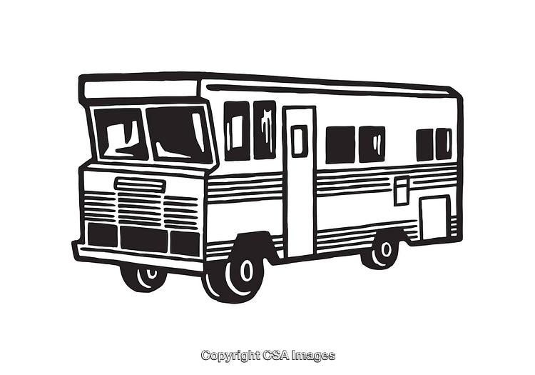 Black and White Line Art Illustration of a Recreational Vehicle