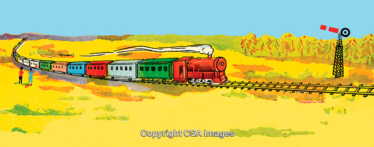 Illustrated Red Train Traveling Across a Scenic Countryside Landscape