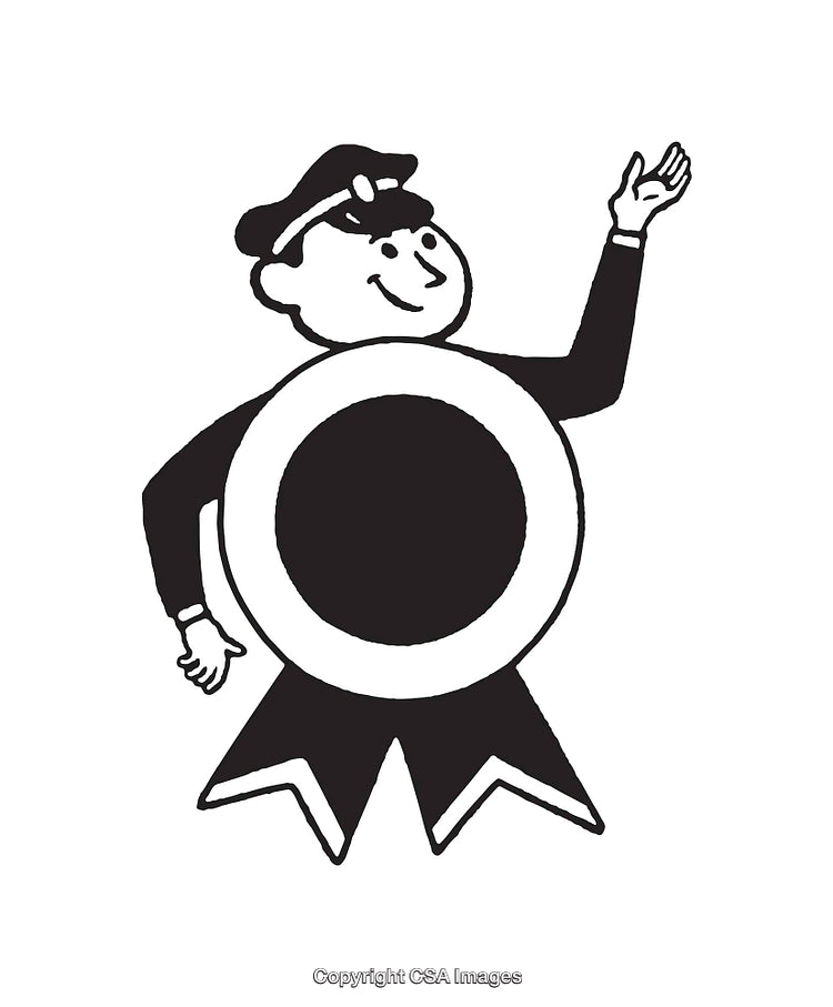 Cartoon Character with Circular Badge in Black and White Line Art