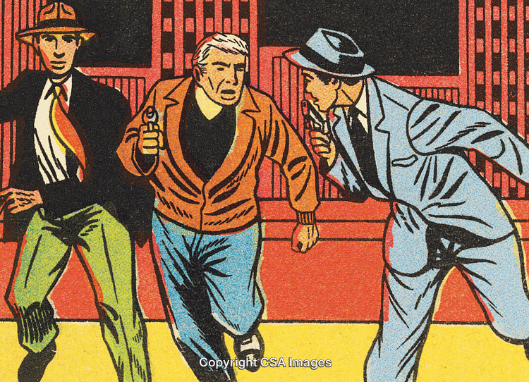 Illustration of Three Men in Suspenseful Pursuit with Bold Comic Style