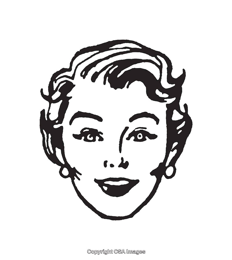 Retro Black and White Line Art Illustration of a Smiling Woman's Face