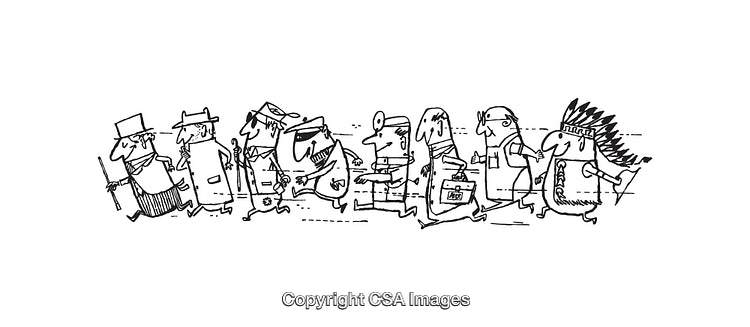 Black and White Line Art of Personified Characters in Various Roles