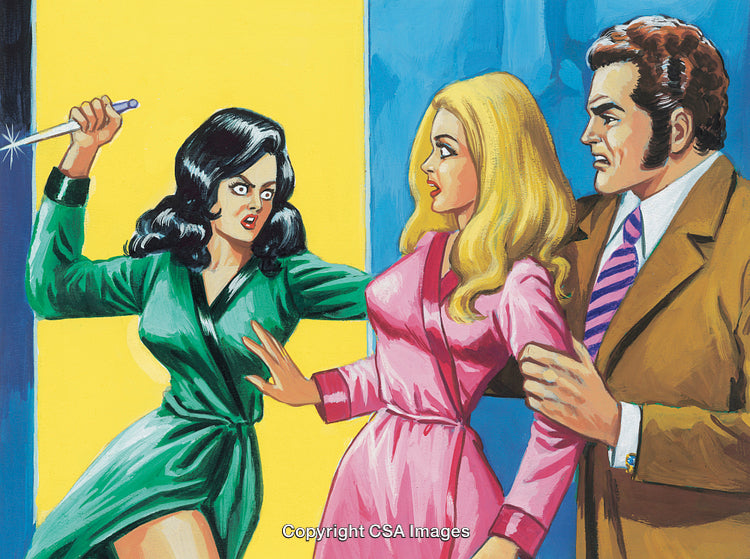 Illustration of Dramatic Confrontation Between Three Individuals in Vintage Style