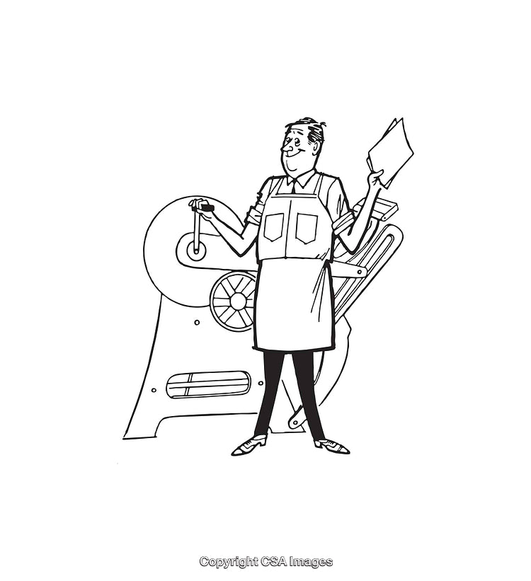 Man Operating Machine in Black and White Line Art Illustration