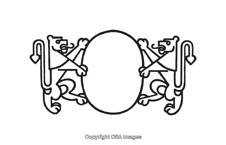 Black and White Line Art of Lions Holding an Oval Emblem